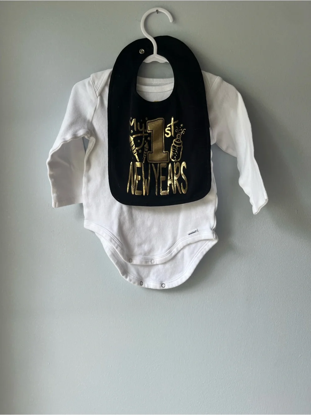 Baby Long-Sleeve One-Piece 'My 1st New Years' w/ Matching Bib- Size 12M